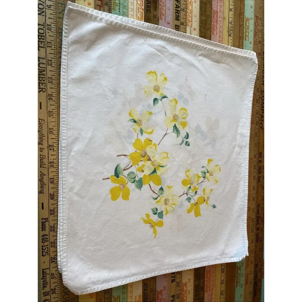 Set of 5 Vintage Cotton Floral Napkins Yellow Dogwood Print 15X17 Square Retro